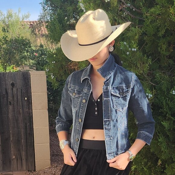 Tappitytap | Dark Indigo Stretch 3/4 Sleeve Denim Button Front Jacket | Medium - Picture 3 of 7